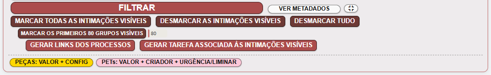 Botões do painel: Filtrar, Ver metadados, as ações em lote e os atalhos da aba de peças
