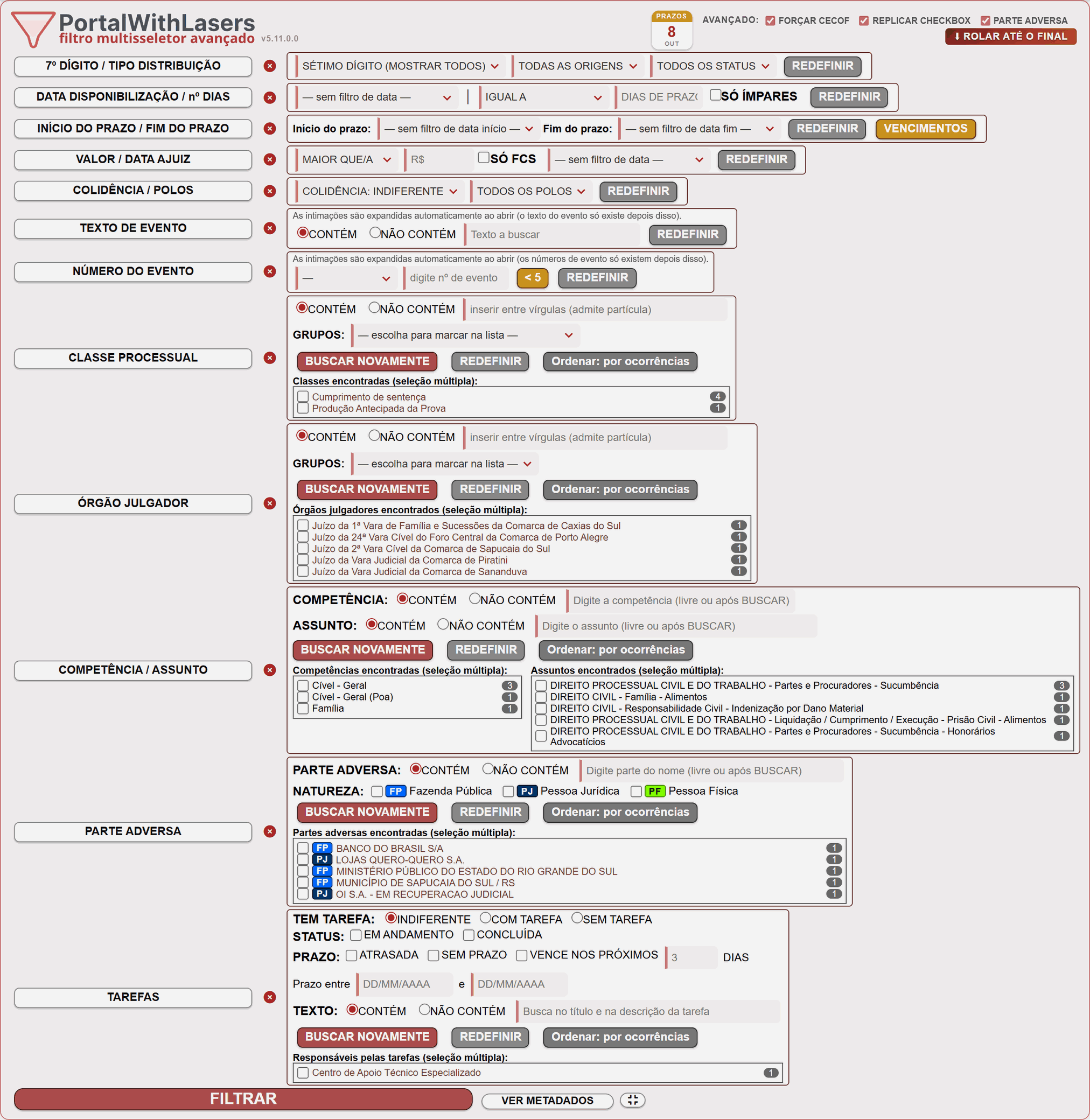 Painel do Filtro multisseletor na área de trabalho, com todos os subfiltros abertos: 7º dígito, datas e prazos, valor, colidência, evento, classe processual, órgão julgador, competência e assunto, parte adversa e tarefas